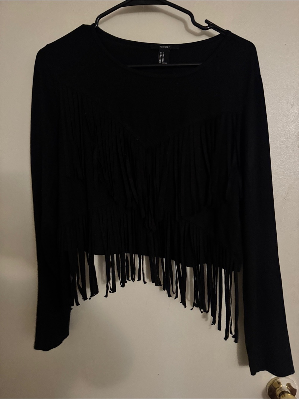 Forever 21 Black Long-Sleeve Fringed Crop Top